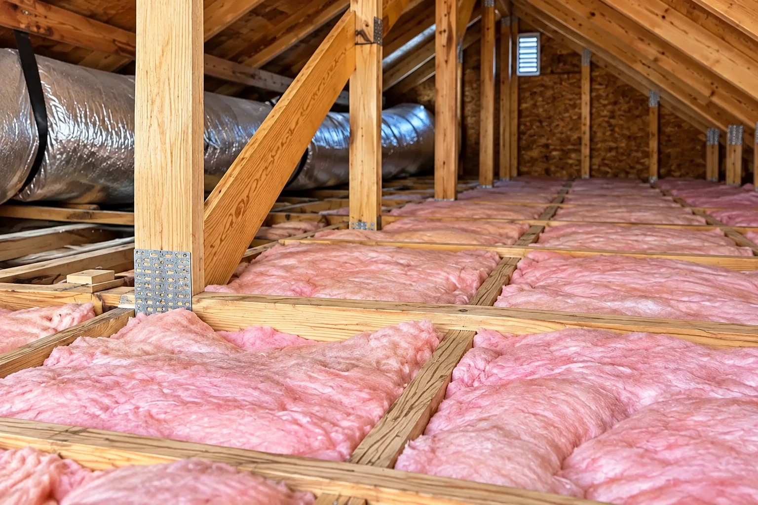 Pink batt insulation lies between attic joists beneath wooden rafters and a large silver duct.