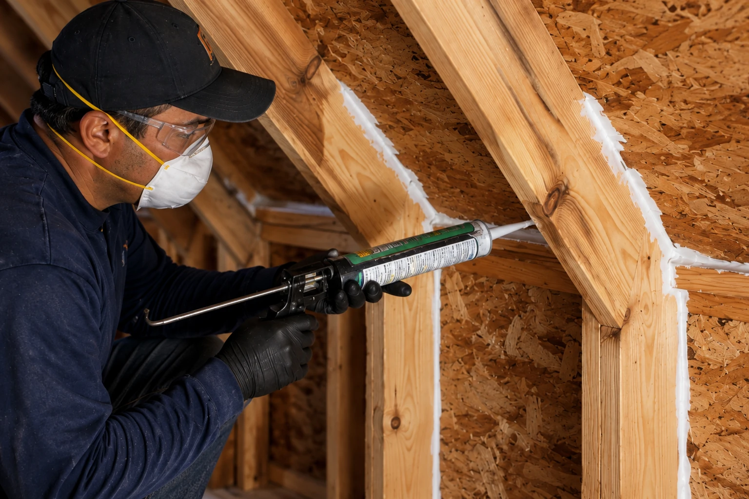 A worker wearing a mask and safety glasses applies sealant with a caulking gun along wooden roof framing in an attic.