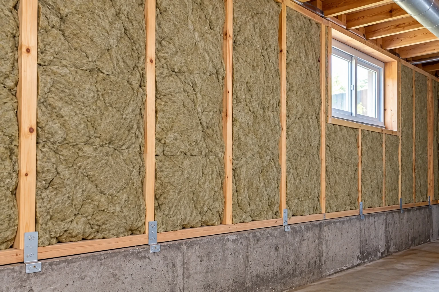 Basement wall framed with wood studs and filled with gray-brown batt insulation above a concrete foundation.