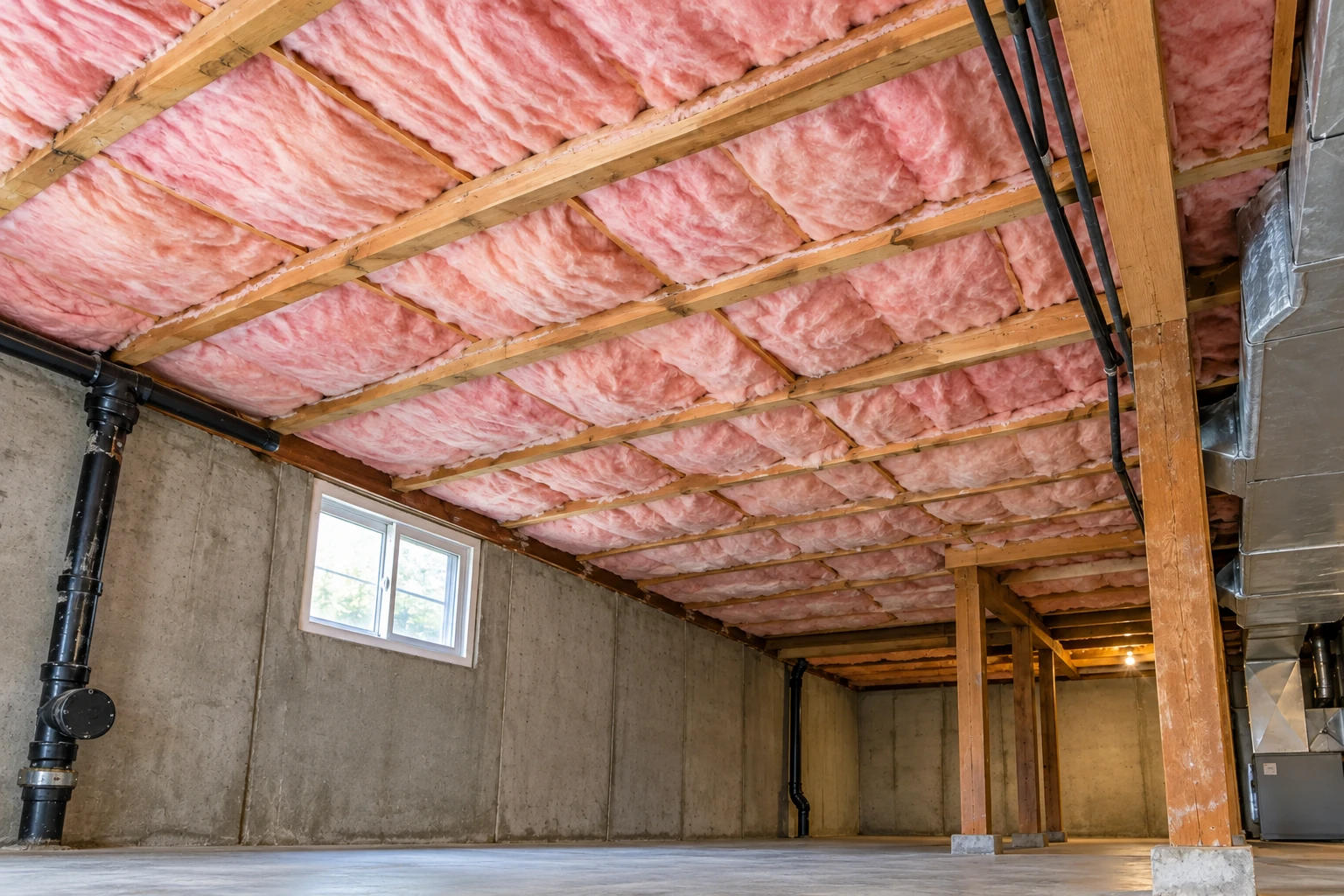 Pink fiberglass insulation fills the ceiling joists of a concrete basement with exposed pipes and support posts.