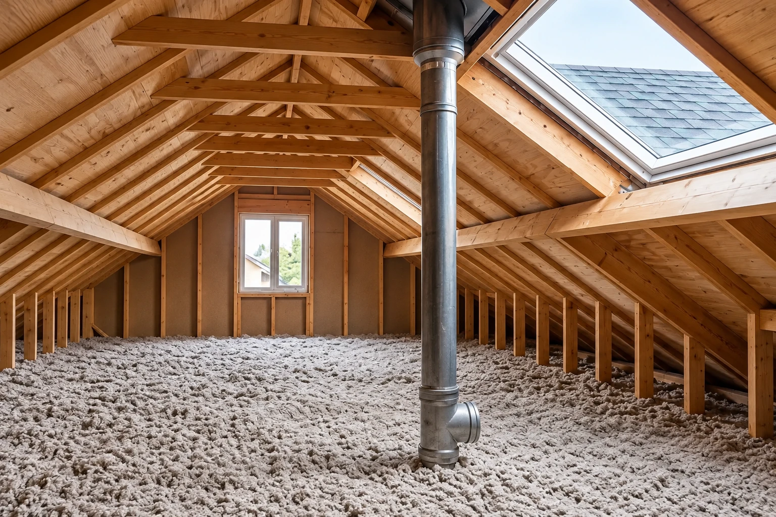 Loose-fill insulation covers an attic floor beneath exposed wooden roof trusses, with a metal vent pipe and skylight.