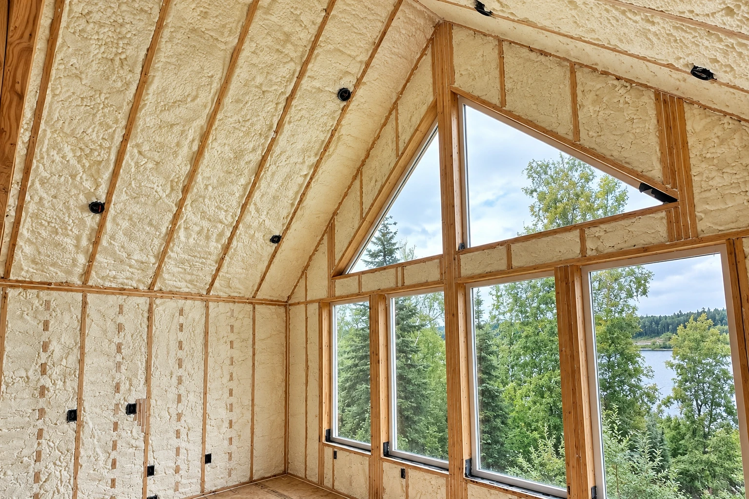 Room with pale spray foam coating the walls and sloped ceiling around large windows overlooking trees and water.