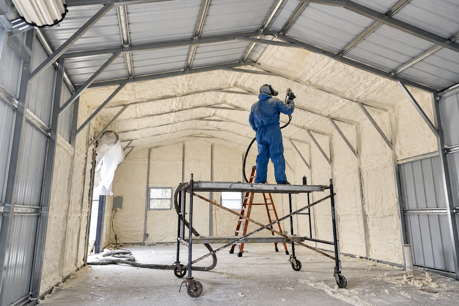 A worker in protective gear sprays foam insulation onto the interior roof of a metal building from a scaffold.