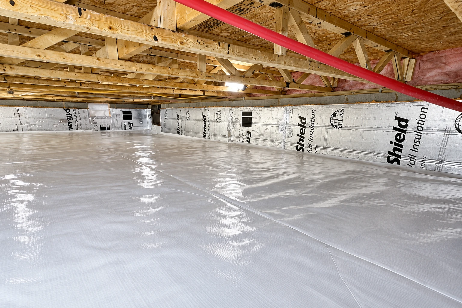 A crawl space has a reflective vapor barrier covering the floor and foil-faced insulation along the foundation walls.