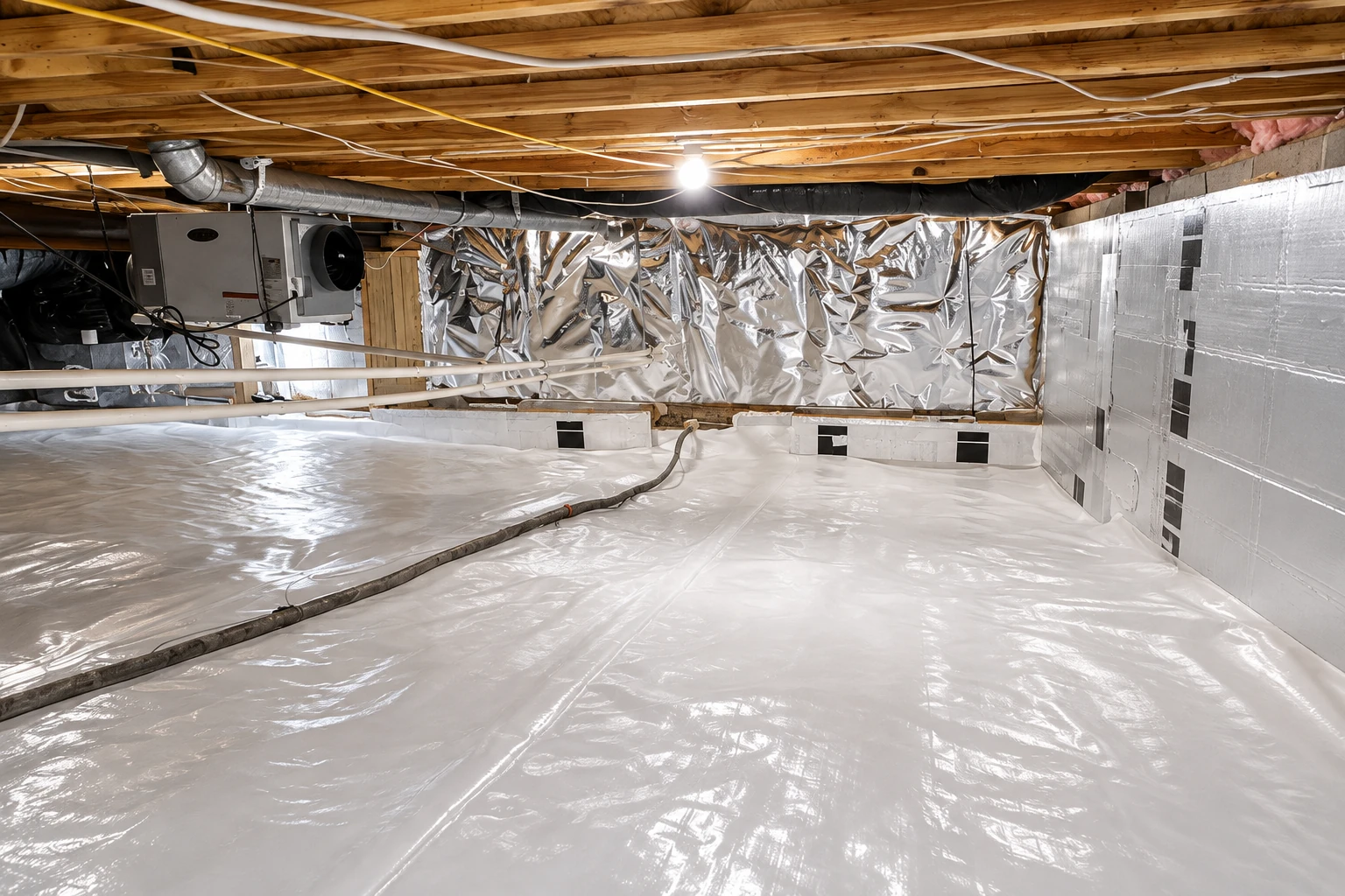 A crawl space has a shiny white vapor barrier covering the floor and reflective insulation on the walls.