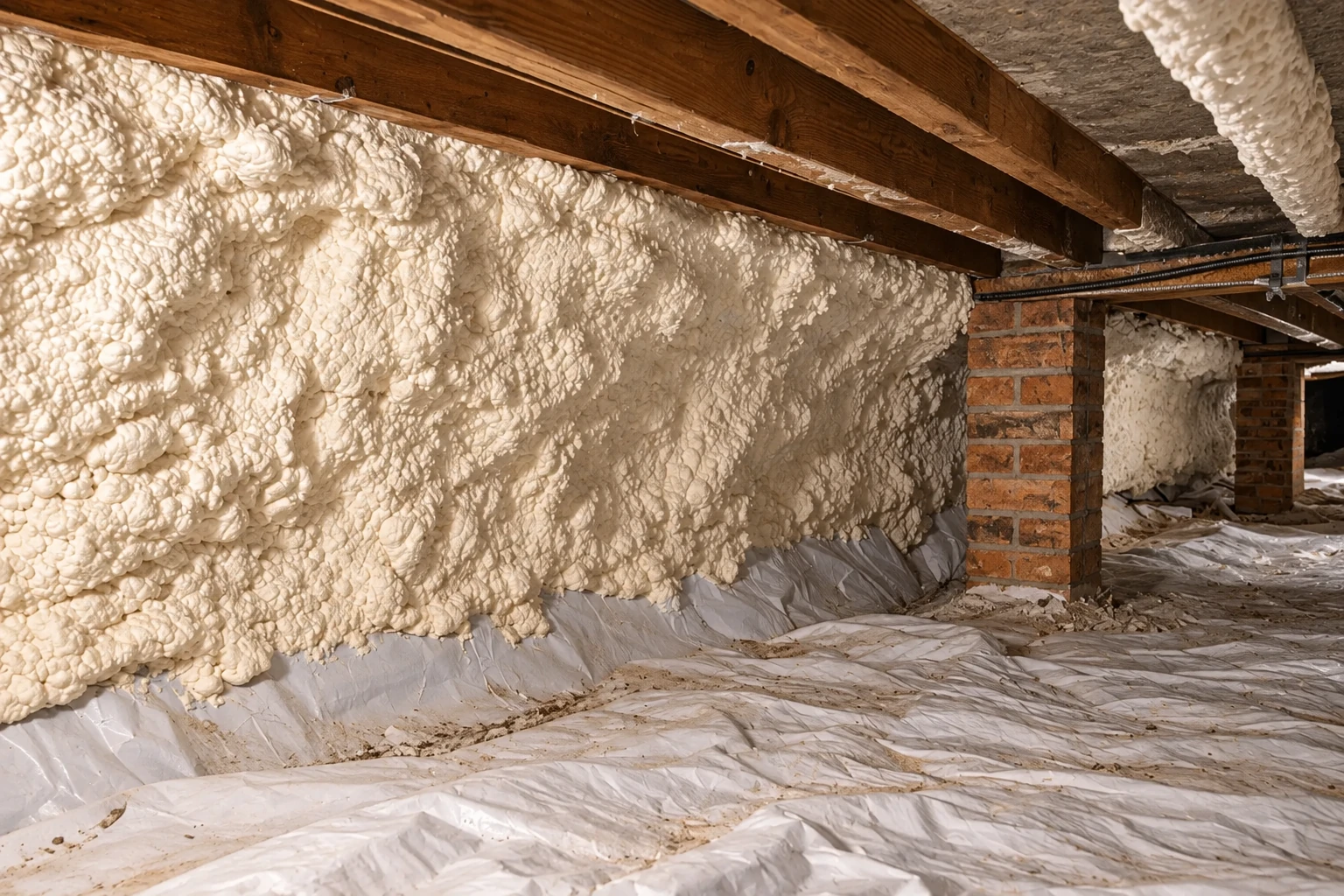 Crawl space with white spray foam covering the walls and plastic sheeting spread across the floor.