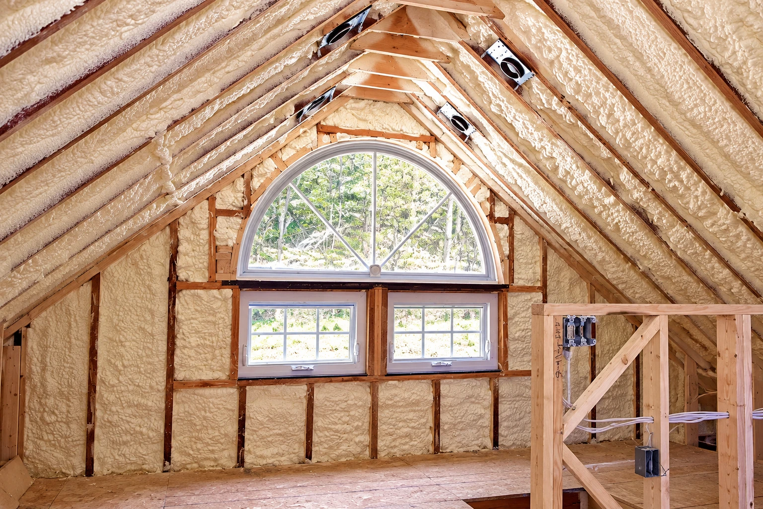 An unfinished attic has spray foam insulation across its roof and walls around a group of windows.