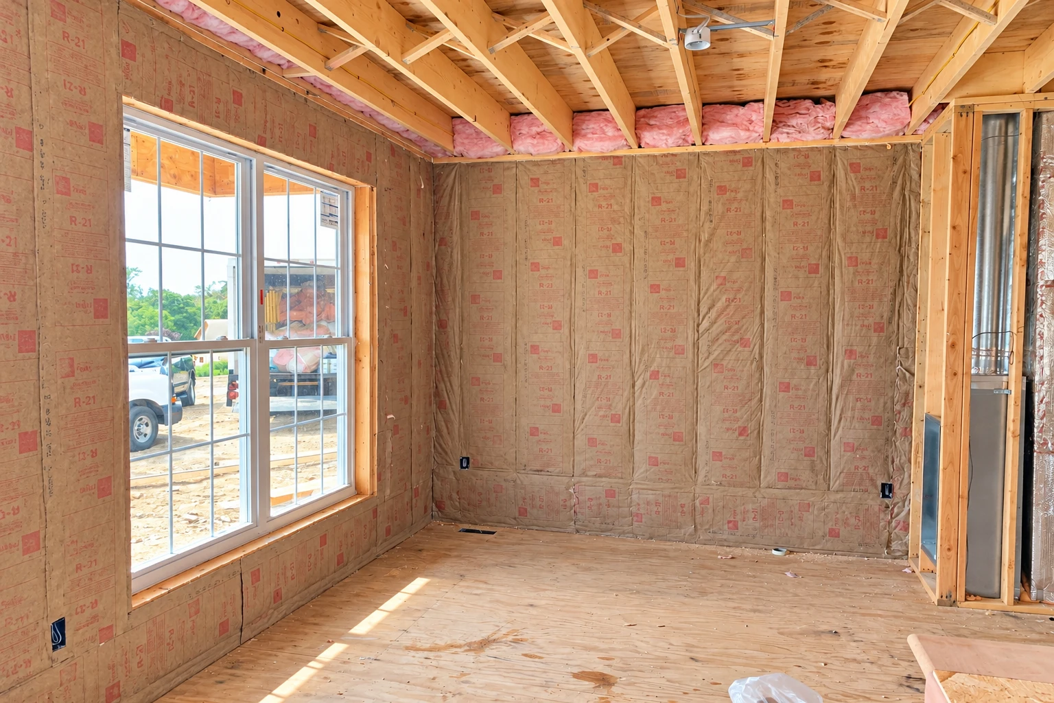 Unfinished room with brown-faced batt insulation in the walls and pink insulation between exposed ceiling joists.