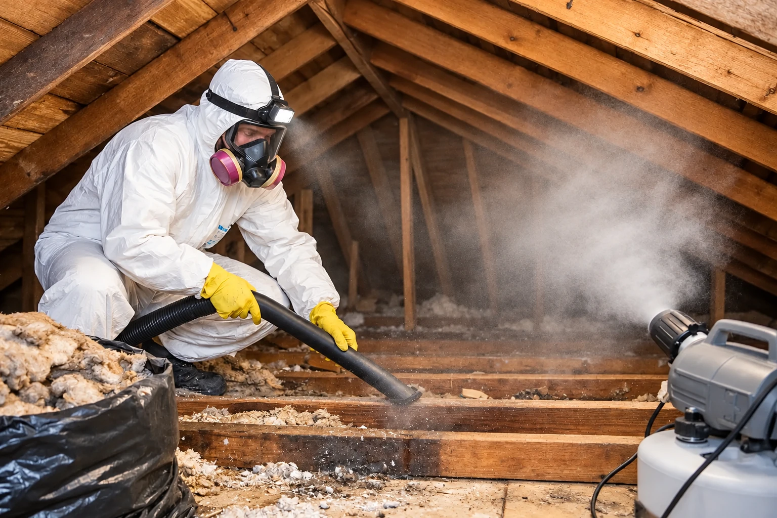 A worker in protective coveralls and a respirator vacuums old attic insulation through a hose.