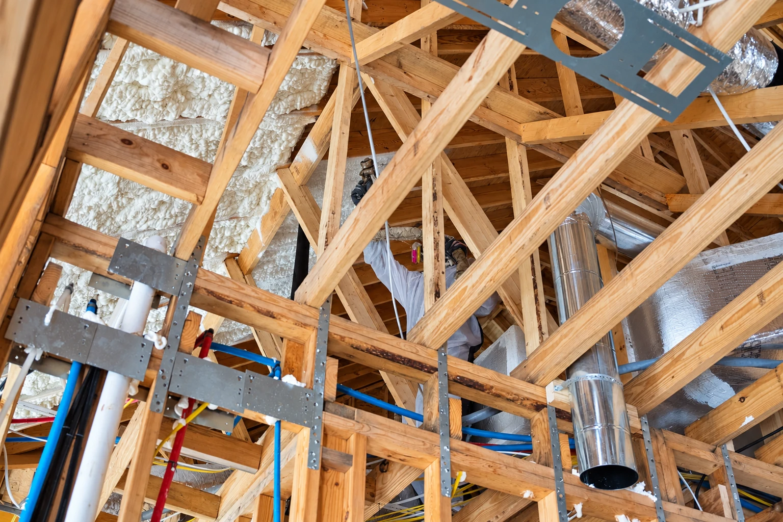 Open-cell foam fills sections between the wooden rafters in a roof crowded with beams, pipes and metal ductwork.