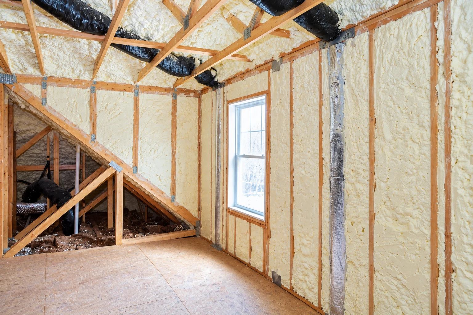 Unfinished attic room with pale spray foam insulation filling the wall and ceiling framing around a window and ducts.