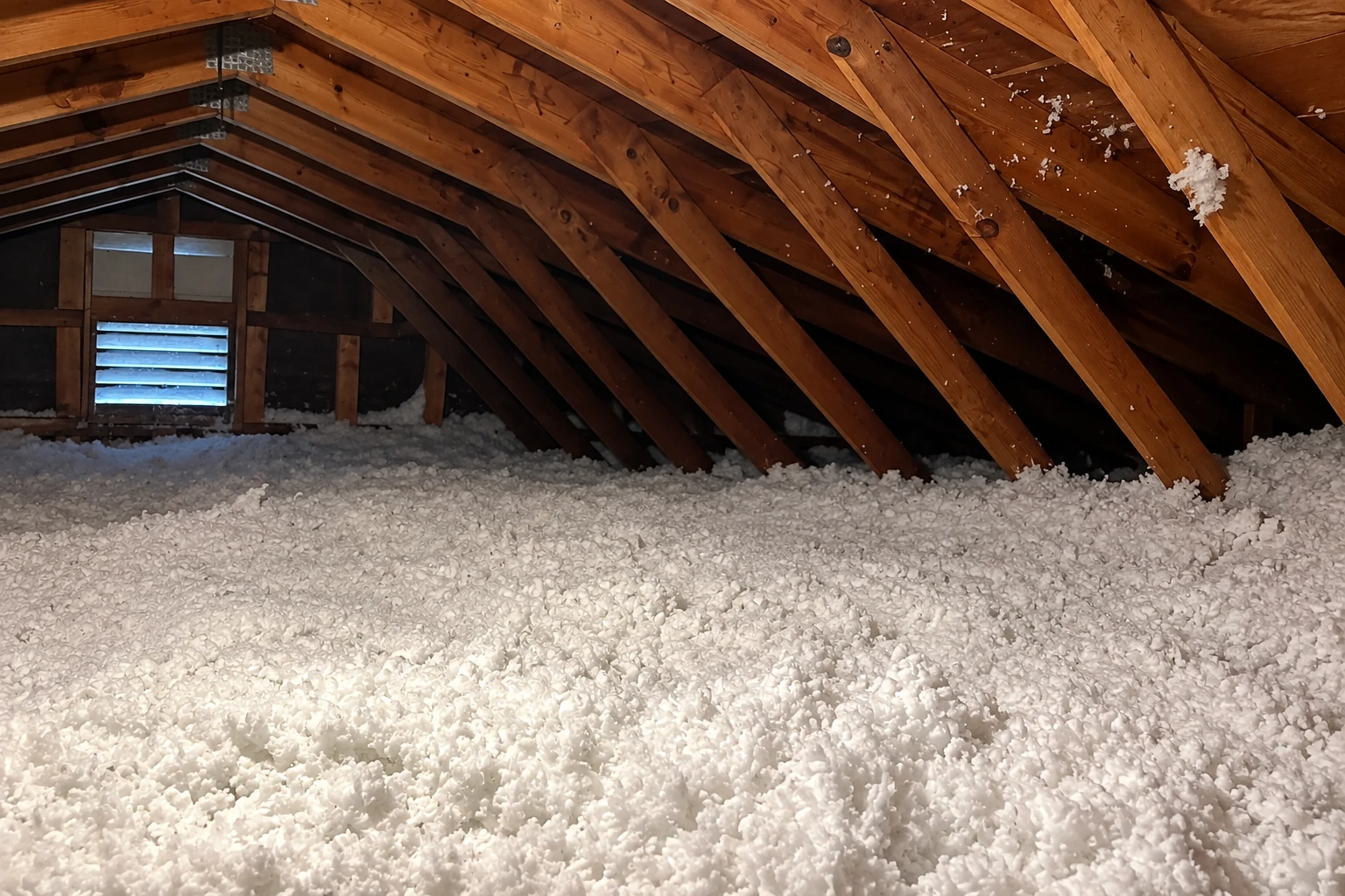 An attic floor is covered in thick white blown-in insulation beneath exposed wooden roof trusses.