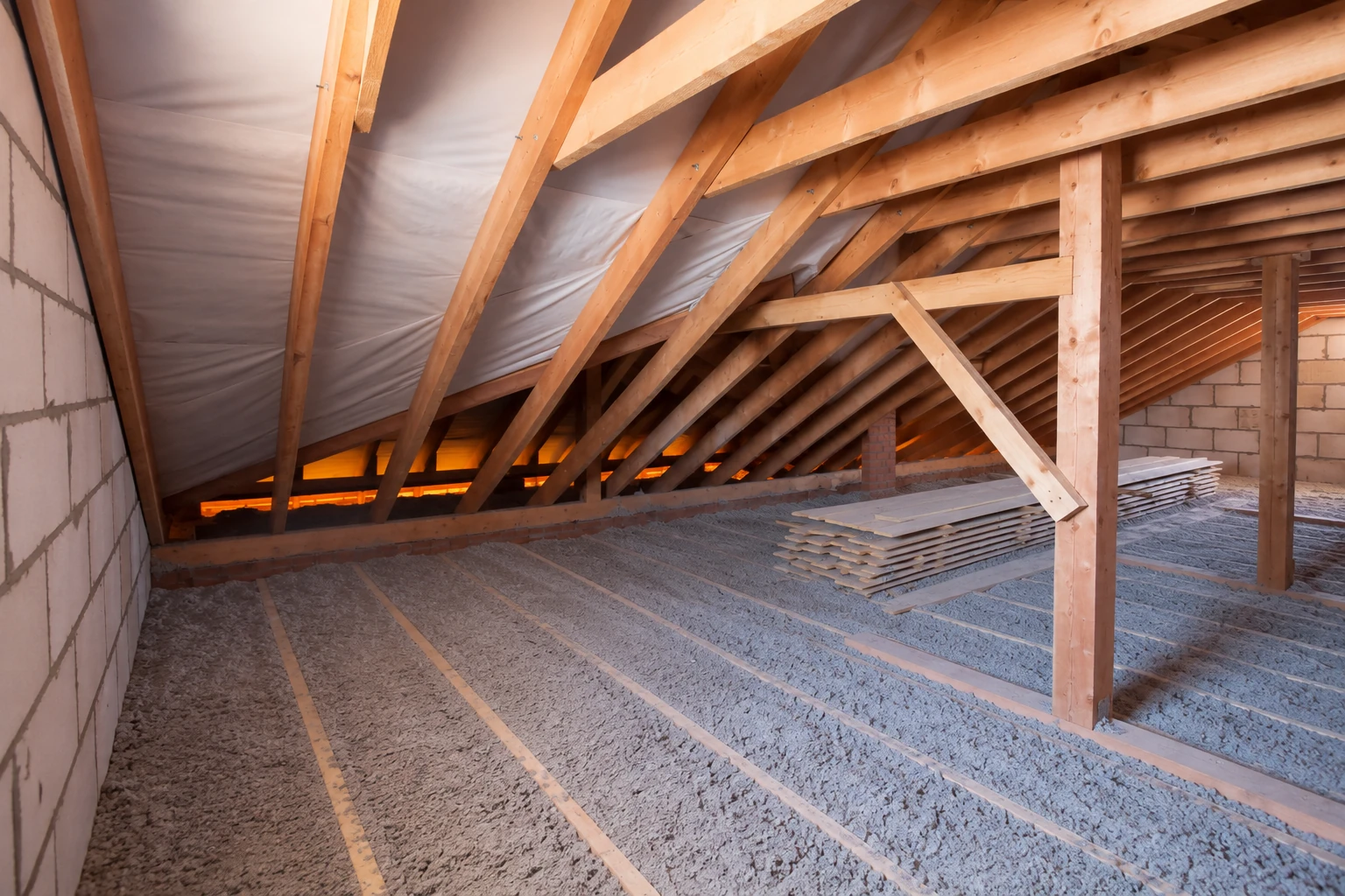 Attic with loose-fill insulation across the floor and exposed wooden rafters, with stacked boards nearby.