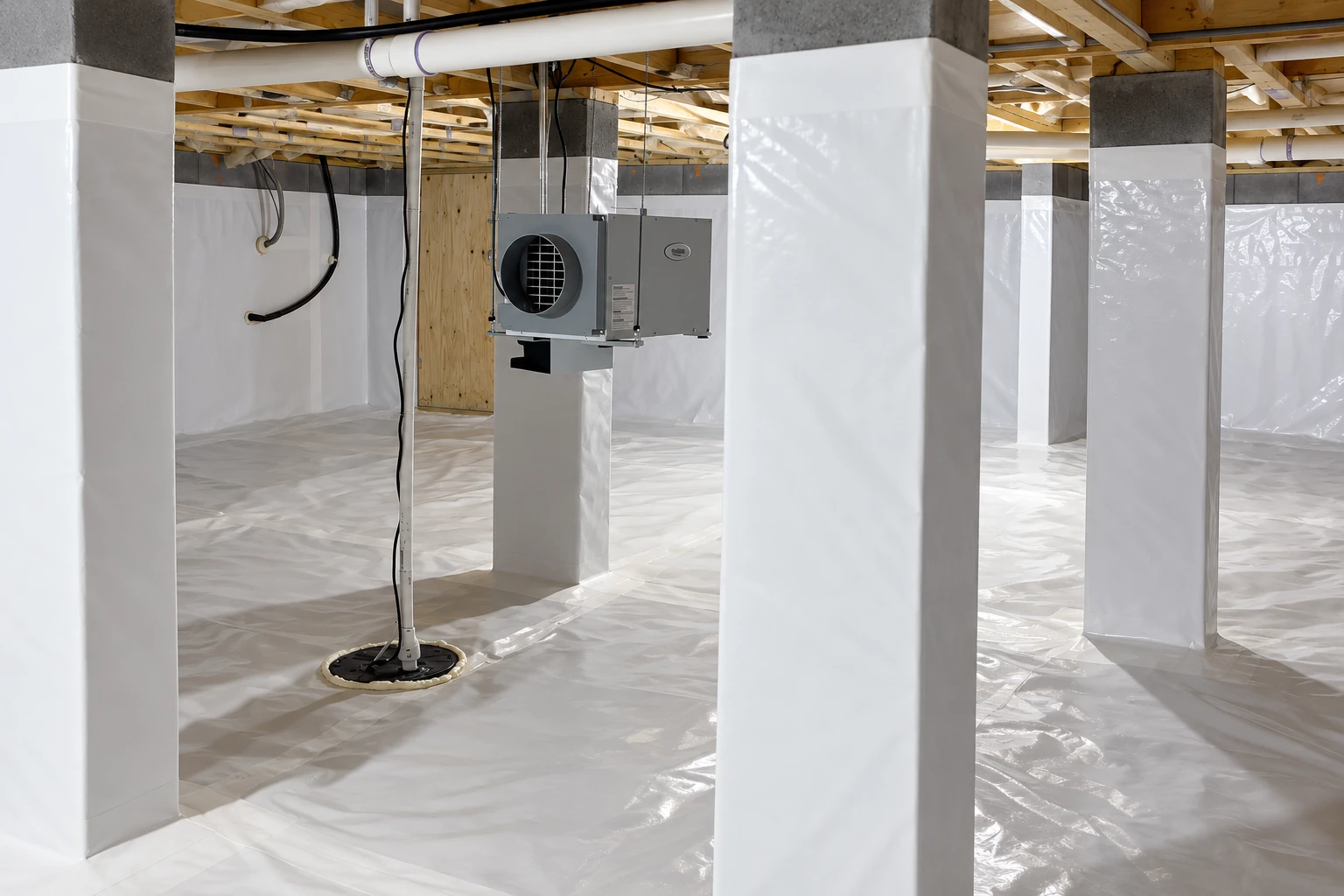 White vapor barrier sheeting covers the crawl-space floor and wraps around support columns beside a dehumidifier.