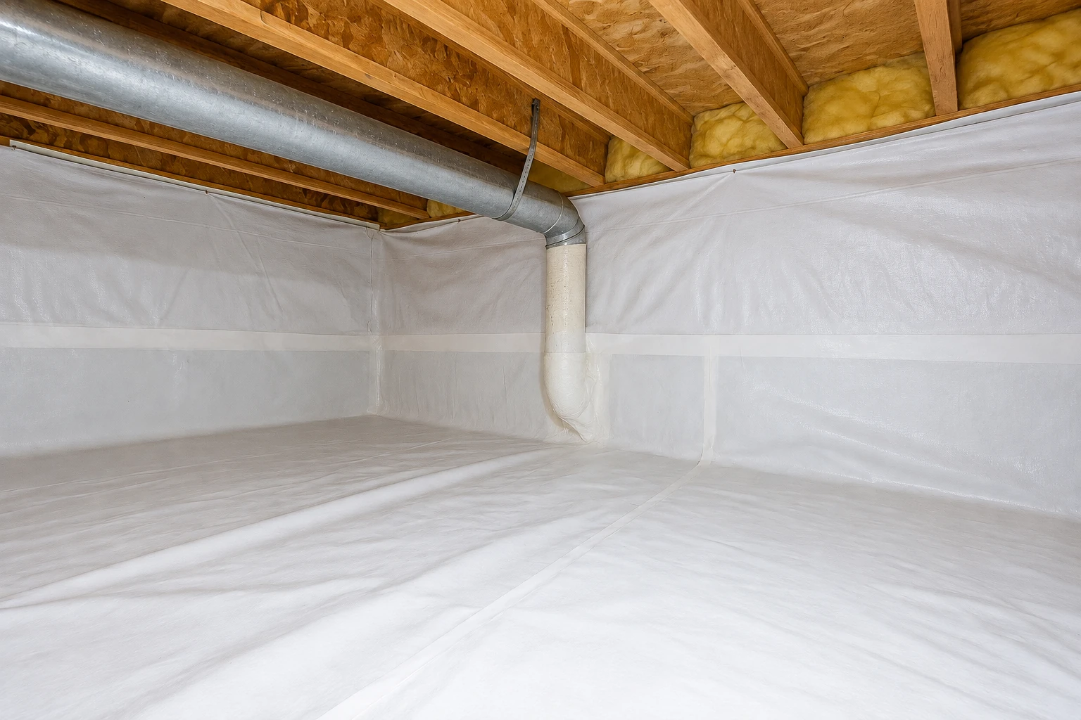 Crawl space with white vapor barrier lining the floor and walls beneath exposed joists and a metal duct.