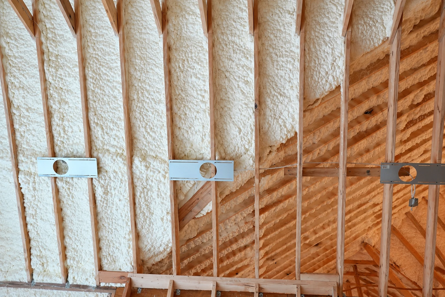 Wall framing filled with white spray foam insulation, with several rectangular metal plates attached across the studs.