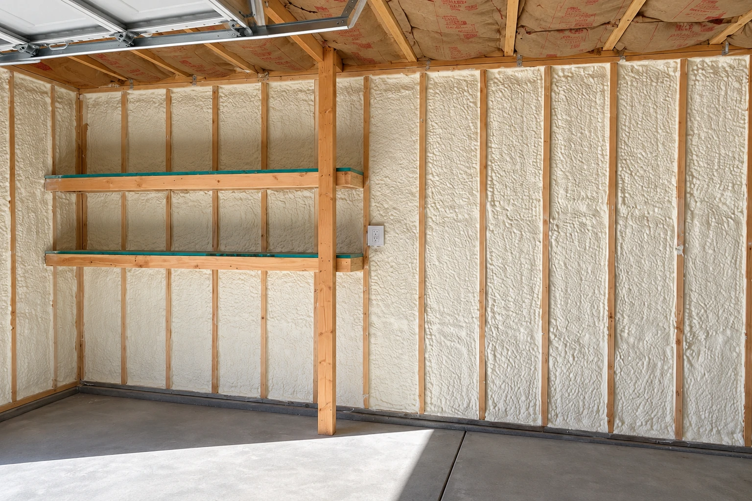 White spray foam covers the walls between exposed wooden studs in a garage with a concrete floor.